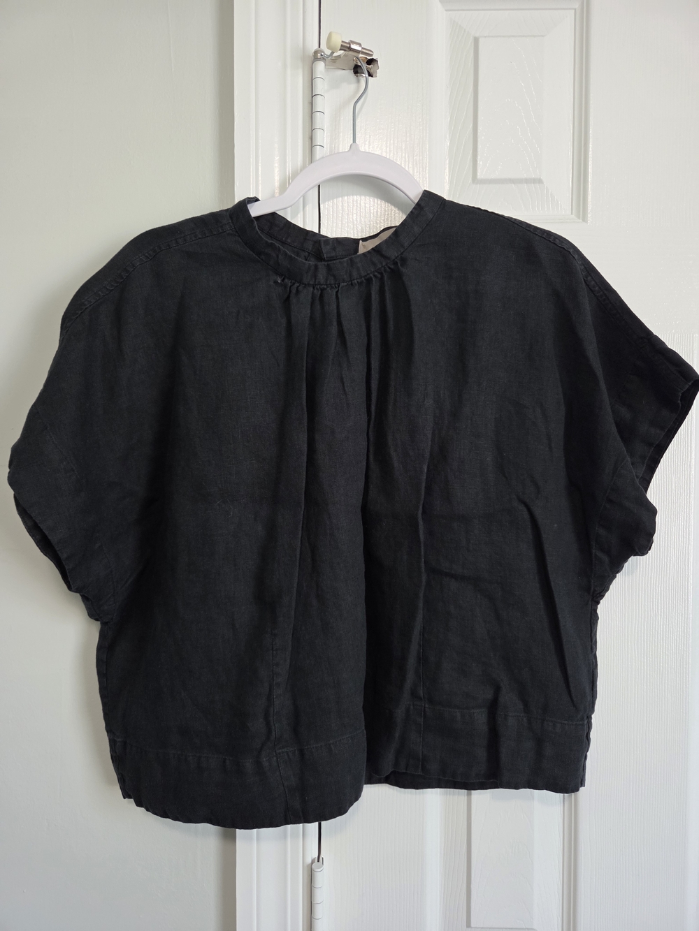 Everlane Blue-Black Linen Short Sleeve Gathered Neck Women's Top